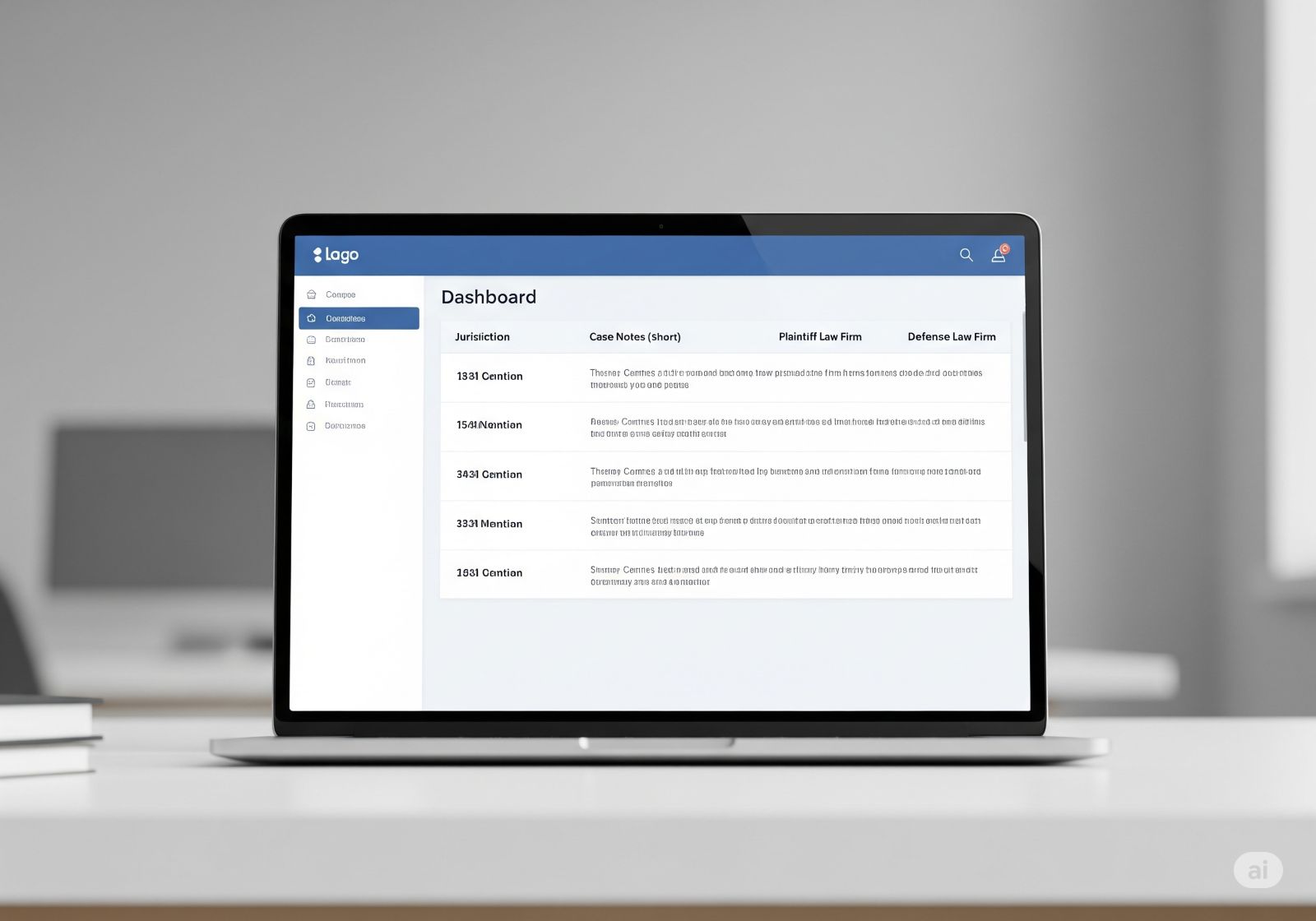 Legal data dashboard showing litigation monitoring and case updates