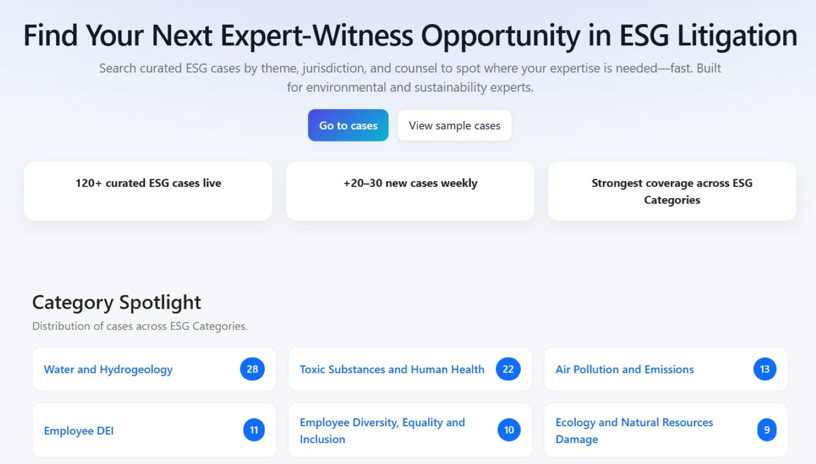 Screenshot of ESG litigation intelligence platform with case tracking and analytics