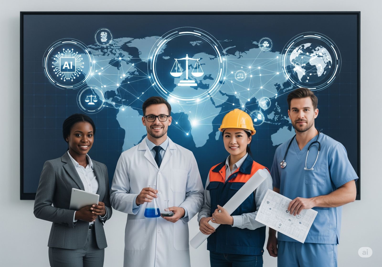 Diverse experts—law, science, engineering—standing confidently with AI icons