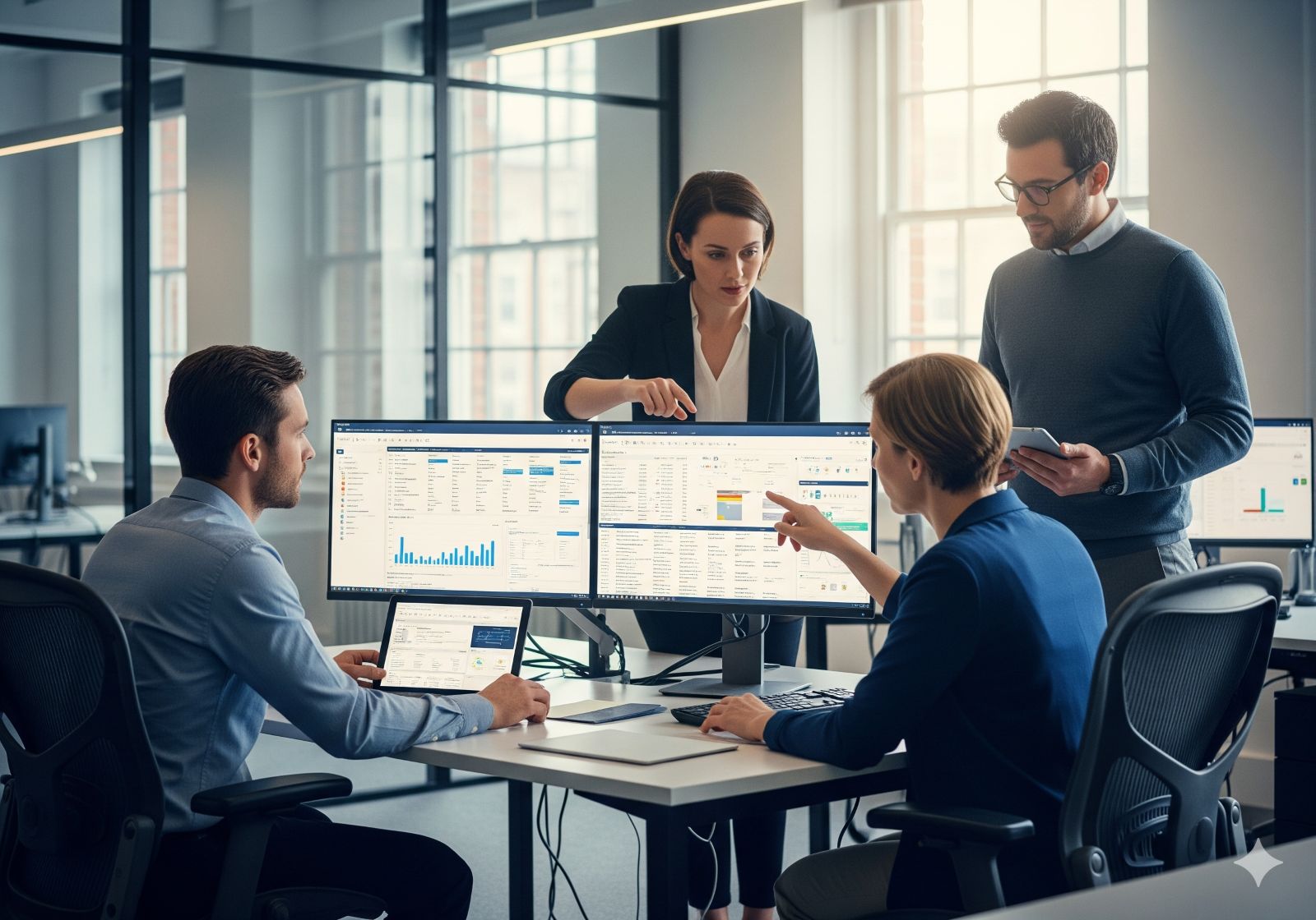 Research team reviewing litigation and ESG data on screens