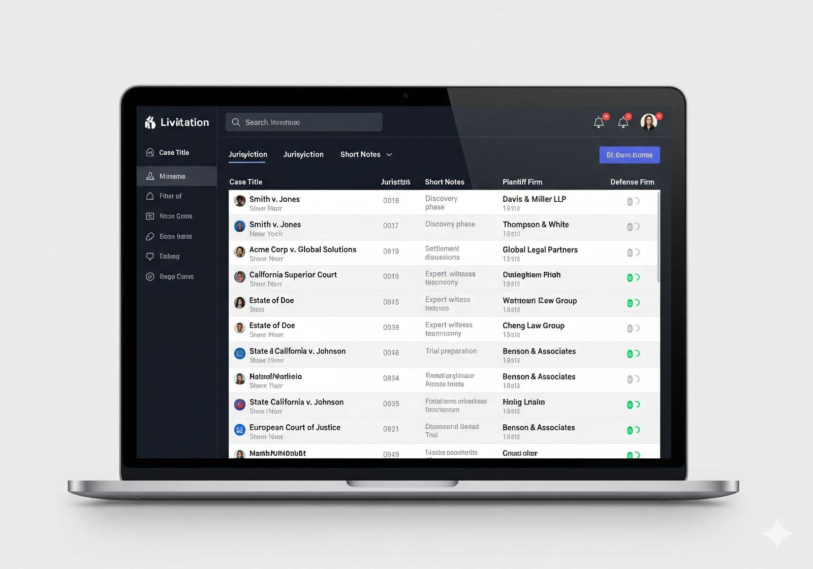 Screenshot of case tracking and analytics interface