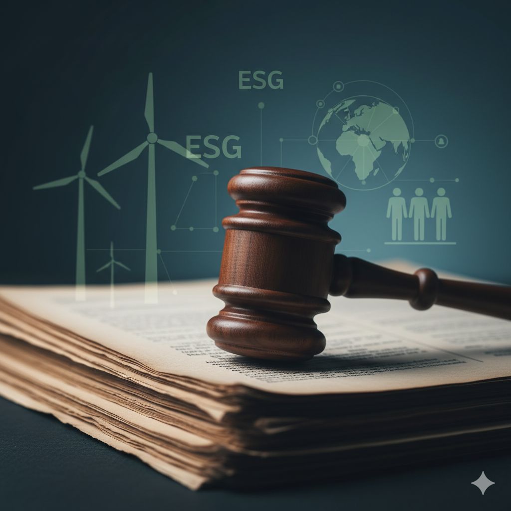 A detailed, close-up shot of a gavel resting on a stack of legal documents, with environmental, social, and governance (ESG) related symbols subtly integrated into the background